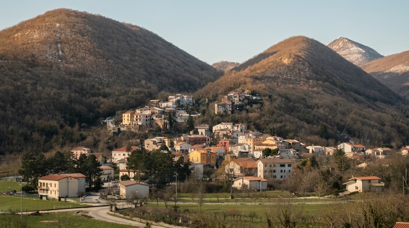 Veduta editoriale di Filignano raccolto tra montagne boscose nella luce del tardo pomeriggio